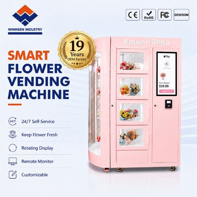 Qualität 22-Zoll-Touchscreen-Blumenautomaten mit kontaktloser Bezahlung und Kühl-/Luftfeuchtigkeitssystem Fabrik